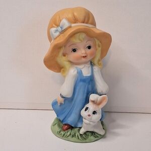 Vintage Ardco Ceramic Girl Figurine In Blue Dress White Bunny Yellow Bonnet